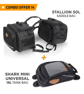 Combo 14: Stallion 65L Saddle Bags plus Shark Mini Universal 18L Tank Bag with Waterproof Rain Covers Included